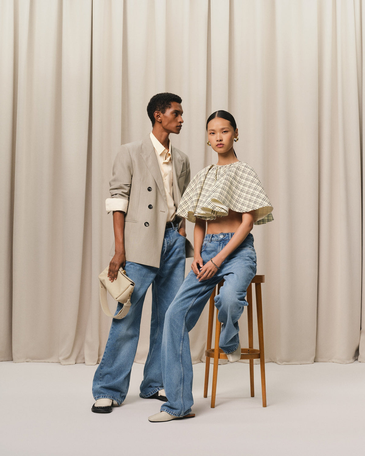 Beige Checked Wool Ruffled Top