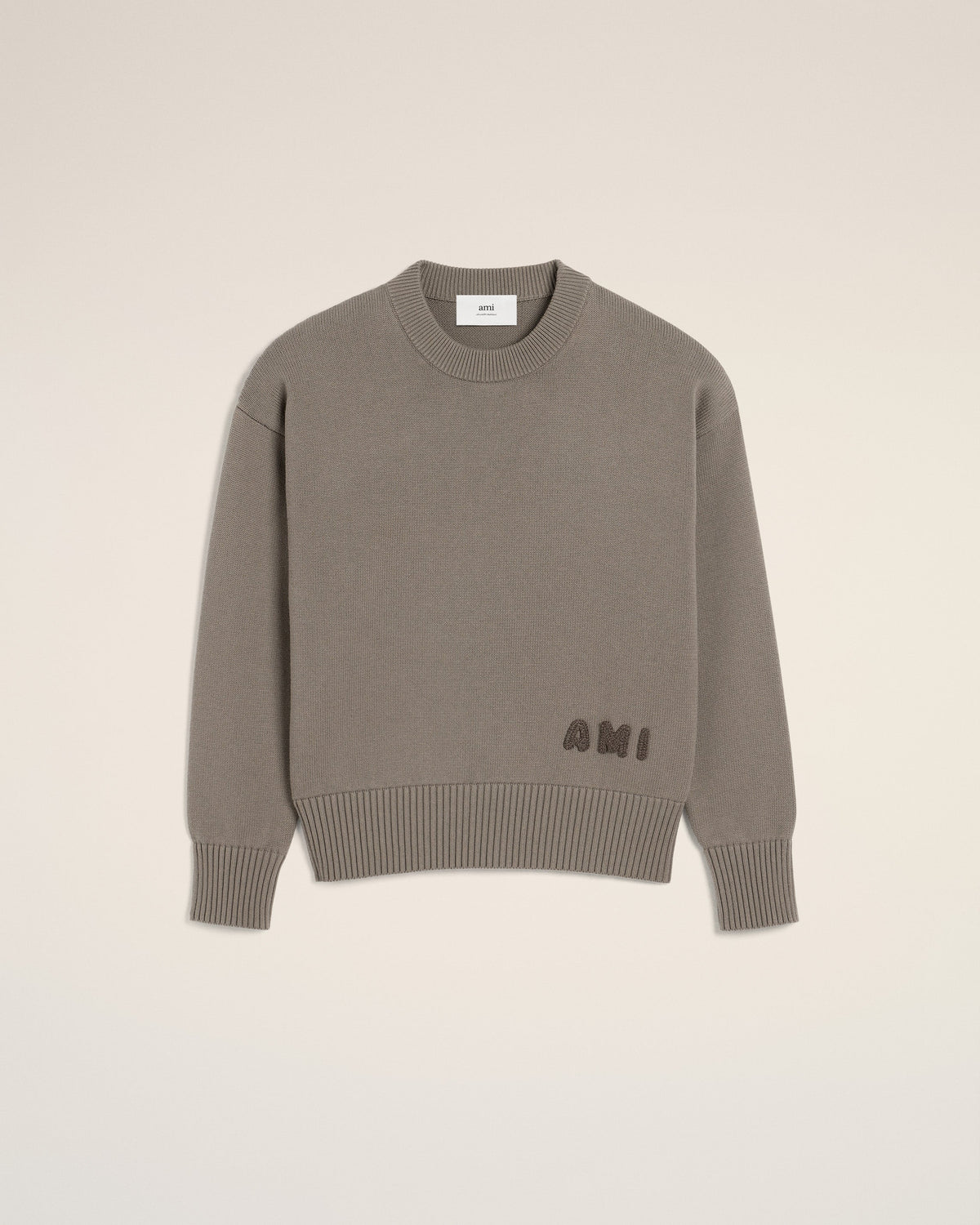 Beige Cotton Ami Embroidered Crewneck Sweater