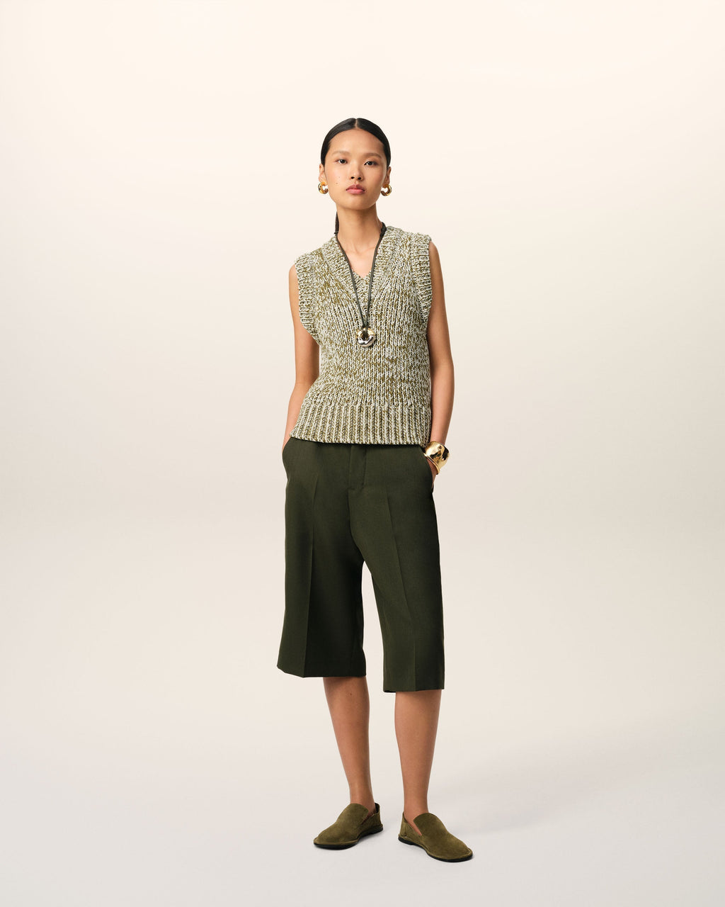 Green Cotton And Wool Sleeveless V Neck Sweater