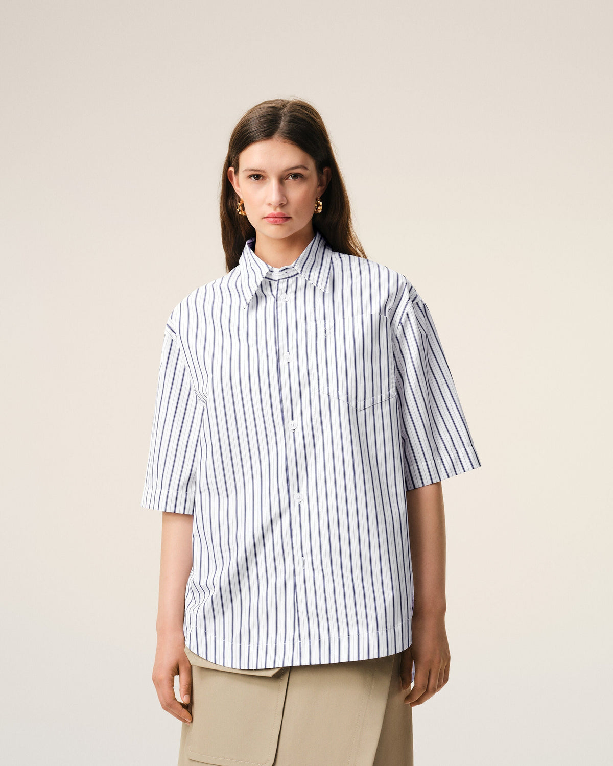 White Striped Cotton Short Sleeve Ami De Coeur Wide Shirt