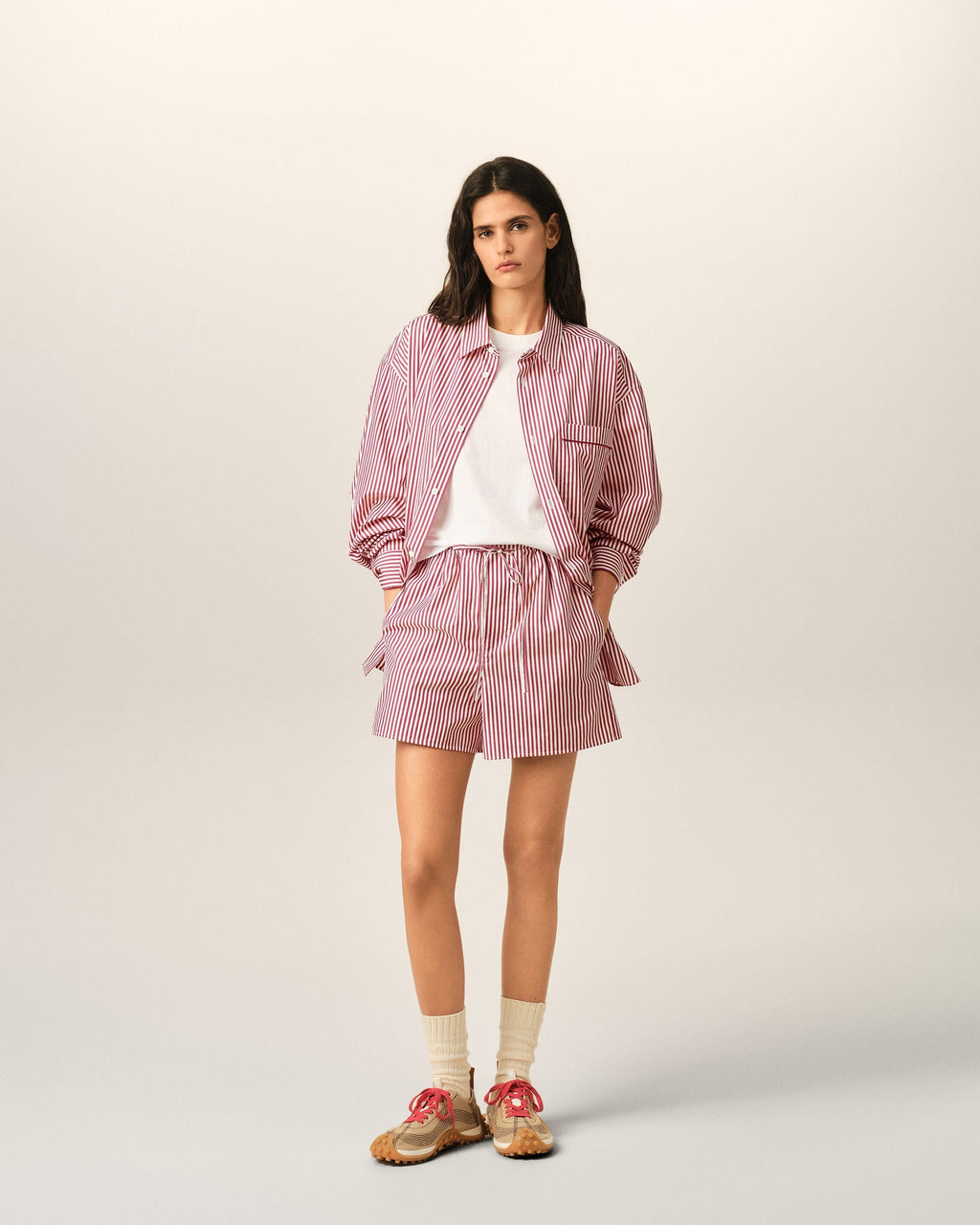 Red striped cotton shorts with Ami de Coeur arrow