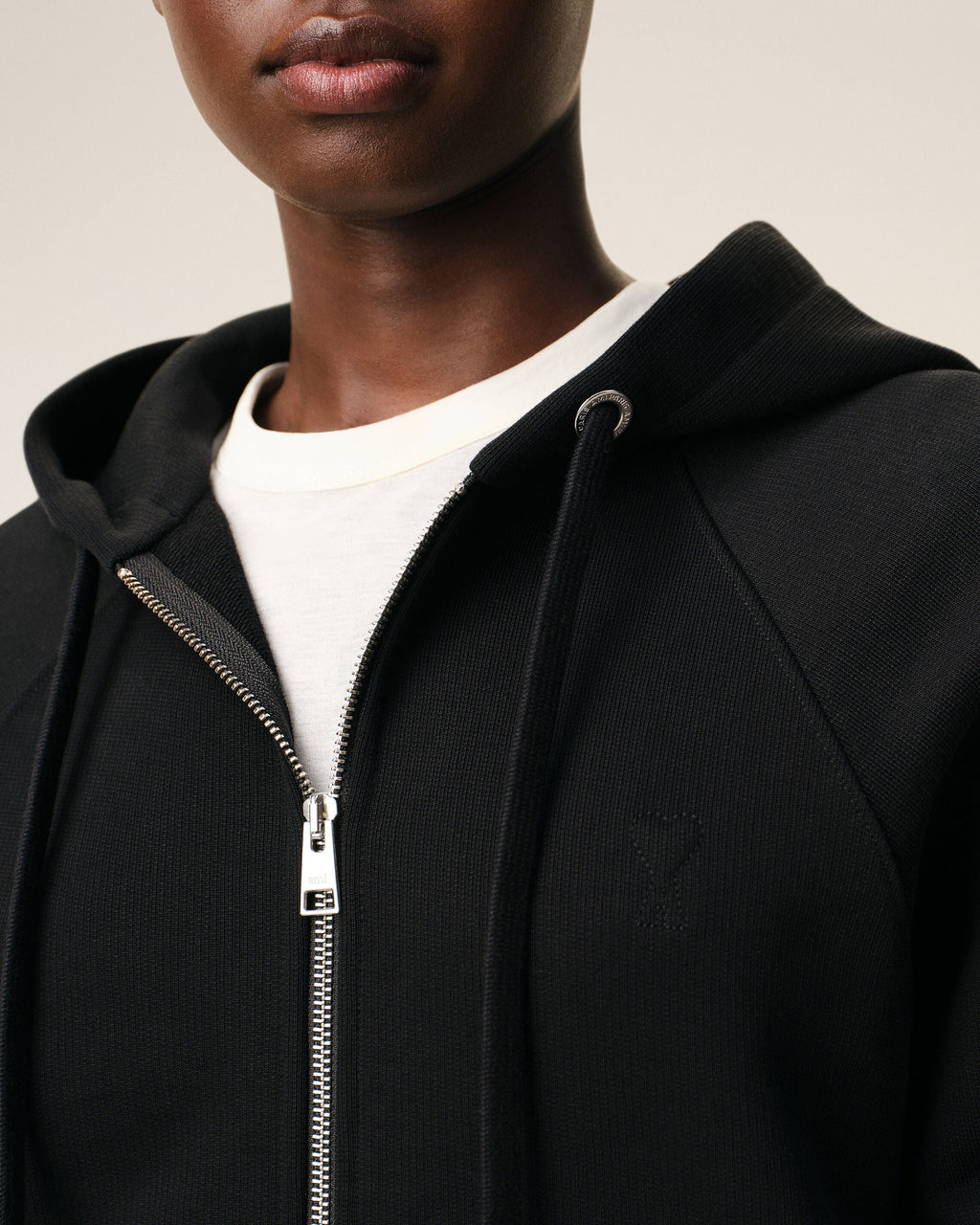 Black Cotton Embossed Ami De Coeur Zipped Hoodie