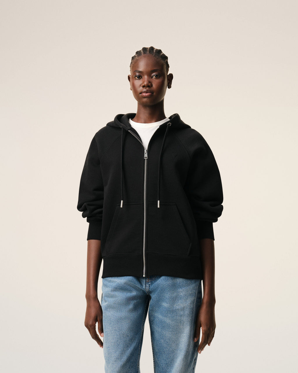 Black Cotton Embossed Ami De Coeur Zipped Hoodie